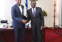 EALA Speaker, Rt Hon Ngoga K. Martin (right) shakes hands with the EALS President, Mr Willy Rubeya.  The EALS President paid Rt Hon Ngoga a courtesy call earlier today in his office.