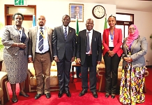 The two Speakers pose for a photo. Flanking on left is Hon. Dr. Abdullah Makame Abdullah and Hon. Akol Rose Okullu. On the right of the Rt. Hon. Job Ndugai are Hon Fancy Haji Nkuhi and Hon. Maryam Ussi Yahya