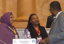 Hon Fatuma Ibrahim Ali (left), EALA Member, the Acting Secretary General of the SADC-PF, Ms Boemo Sekgoma (centre) and Hon Helio de Jesus Pina Sanches, Pan African Parliament (PAP) exchange ideas