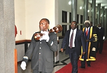 THE PROCESSION: The Speaker of Senate, Rt Hon Ekwee Ethuro (centre), Speaker of EALA, Rt Hon Daniel F. Kidega led to the Chamber by the Serjeant-at-Arms, Ezekiel Migosi