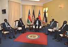 President Salva Kiir (centre) in meeting with EALA Speaker, Rt Hon Daniel F. Kidega (second from left).  Looking on right is the Speaker of the Transitional National Assembly of South Sudan, Rt Hon Anthony Lino Makana (2nd right), Amb Bol Wek Agoth, State