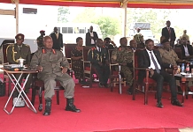 H.E Yoweri Museveni with EALA Speaker Rt. Hon Martin Ngoga during the 37th Tarehe Sita Military Celebrations at Boma Grounds,Butaleja District