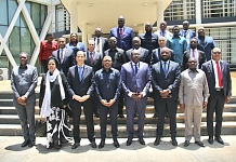EALA Speaker, Rt. Hon. Joseph Ntakirutimana poses with the African Diplomatic Group at the EAC Headquarters