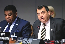 The IPU President, Hon Saber Chowdhury (right) speaks at the Assembly as the IPU Secretary General, Martin Chugong looks.  the IPU Assembly ended last week