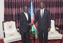 1st Vice President of the Republic of South Sudan, Lt. Gen Taban DEng Gai shakes hands with the EALA Speaker, Rt Hon Martin Ngoga at the Vice President's Office earlier today