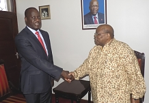 WELCOME: H.E. Benjamin William Mkapa welcomes the EALA Speaker, Rt Hon Daniel F. Kidega to his Office in Dar es Salaam yesterday