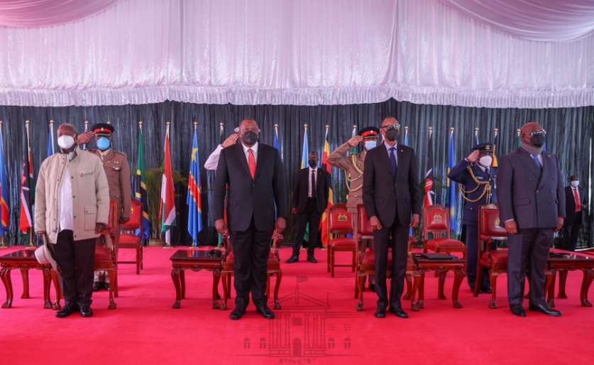 EAC Heads of State (seated L-R) President Yoweri Museveni (Uganda), President Uhuru Kenyatta (Kenya), President Paul Kagame (Rwanda) and President Félix-Antoine Tshisekedi (DRC) in a group photo with EAC Ministers at State House, Nairobi, after the signing of the Treaty of Accession of the DRC into the EAC by President Kenyatta and President Tshisekedi.