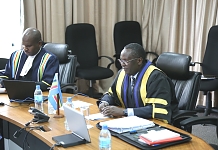 The Speaker of EALA, Rt. Hon. Ngoga K. Martin (right) and the Senior Clerk Assistant (left), Mr. Asheri Wimile during the plenary session