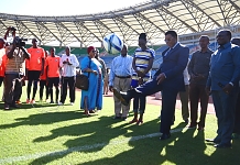 The Prime Minister of the United Republic of Tanzania, Rt Hon Kassim Majaliwa signifies the commencement of the soccer match featuring Burundi and Tanzania.  Tanzania won 3-1