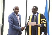 Hon Obura being congratulated by Rt. Hon Ngoga K. Martin