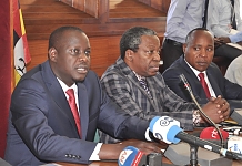 Speaker of EALA, Daniel F. Kidega (left) flanked on right by Hon Makongoro Nyerere and Hon Peter Mathuki