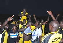 Jubilant Parliament of Uganda players celebrate, minutes after beating Parliament of Burundi