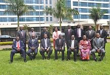Bureau of the EAC Speakers (front) pose with the Clerks of the National Legislatures on the Sidelines of the Forum.