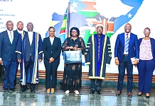 Chair of the EAC Council of Ministers, Hon. Beatrice Askul Moe, holds the briefcase containing the EAC budget speech for 2025/2026 financial year