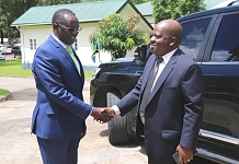 Rt Hon Ngoga Karoli Martin (left) receives the Speaker of the Parliament of Tanzania, Rt Hon Job Ndugai yesterday.