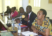 The Speaker of EALA, Rt Hon Daniel Fred Kidega makes a point during the Press conference earlier today.   He is flanked by Chairpersons of the Chapters of EALA.