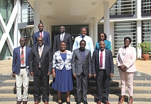 EALA Speaker Hon. Ngoga K. Martin posing with Members of the Committee on Defence and Internal Affairs from Parliament of Uganda