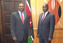 Speaker of the Kenya National Assembly, Rt Hon Justin Muturi (left) and the EALA Speaker, Rt Hon Daniel F. Kidega, moments after the meeting at the Speaker's Chamber in Nairobi