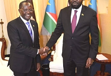 President Salva Kiir welcomes EALA Speaker, Rt Hon Ngoga K. Martin to the Presidential Palace in Juba