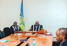 EALA Speaker, Rt. Hon. Joseph Ntakirutimana, chairs the session alongside Clerk, Mr Alex Obatre, during proceedings at the East African Legislative Assembly.